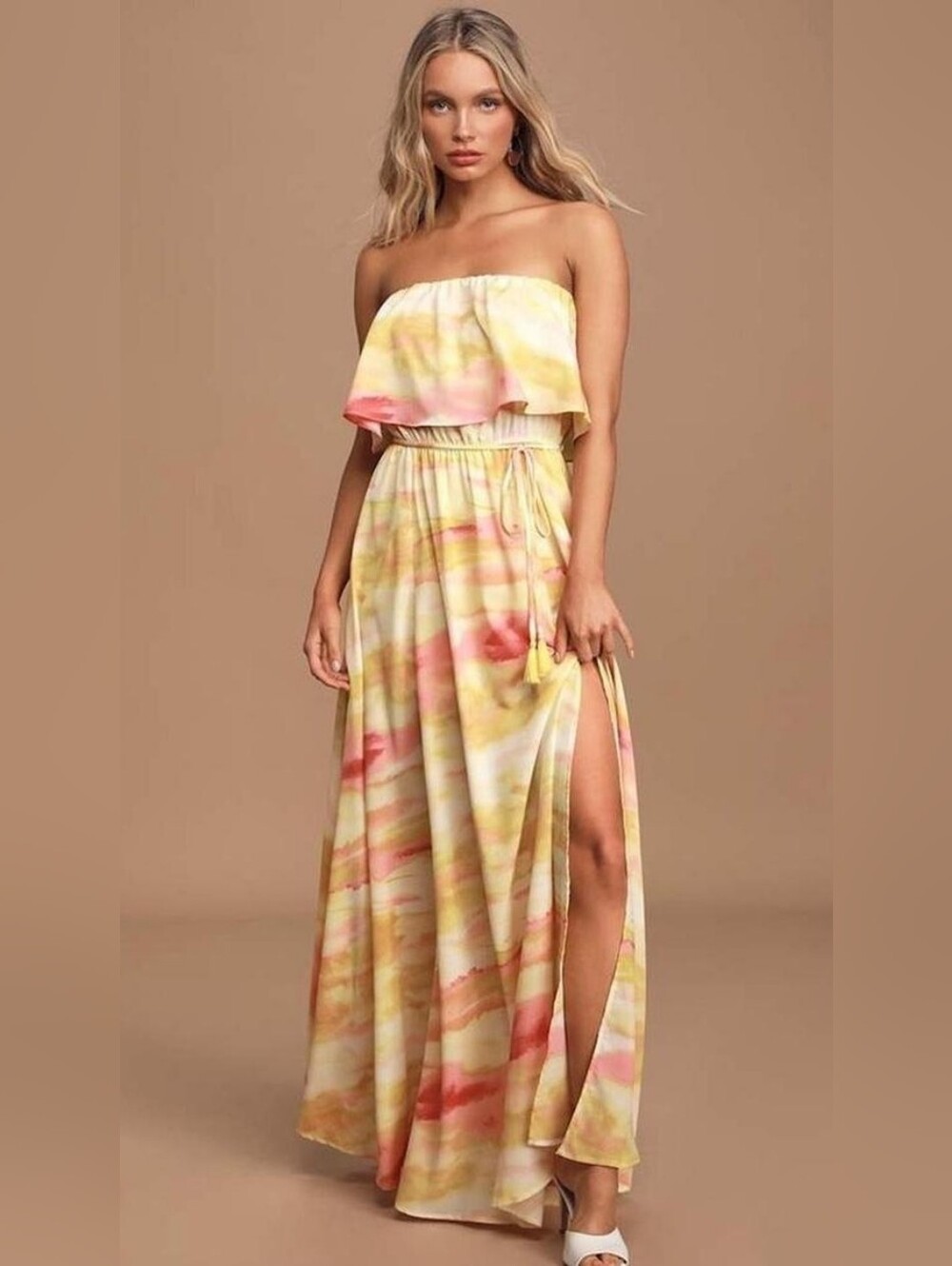 Lulus Full Of Sunshine Strapless Watercolor Maxi Dress in Yellow & Pink Size M